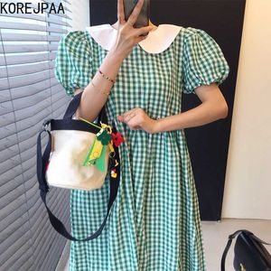 Korejpaa Women Dress Korea Summer Fashion Retro Doll Collar Contrast Color Pleated Waist Bubble Sleeve Plaid Long Vestido 210526