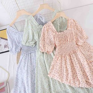 Beach Floral print Puff Sleeve long dress female summer chiffon Dress lady style gentle fairy princess vestidos 210420