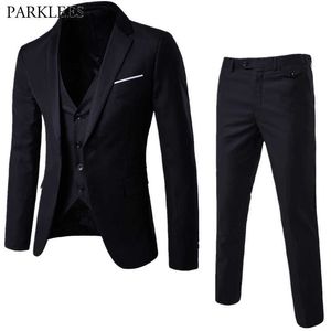 Мужские 3 штуки черные элегантные костюмы с брюками бренд Slim Fit One Button Party формальный бизнес платья костюм мужской Terno Masculino X0909