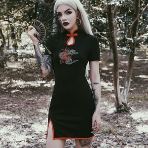 Frühling Herbst Dark Harajuku Gothic Bodycon Kleid Frauen Cheongsam Stickerei Kurze Mini Kleider Mode Straße Vintage Kleid 210419