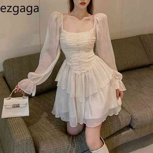 Ezgaga مثير الشيفون المرقعة ربيع جديد أنيق البسيطة اللباس المرأة مطوي طويلة الأكمام غير النظامية الكشكشة bodycon اللباس الأزياء 210430