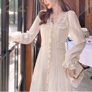 Spring Autumn Women Elegant Chic Party White Lace Crochet Embroidery Belted Button Sweet Vacation Midi Dress 210415