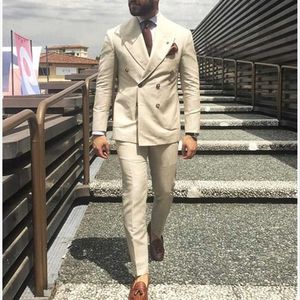 2020 Senaste kappa byxor Ivory Beige Dubbelbröst Män Passar Formell Slim Fit Gentle Blazer Custom 2 Piece Mens Suits Terno x0909