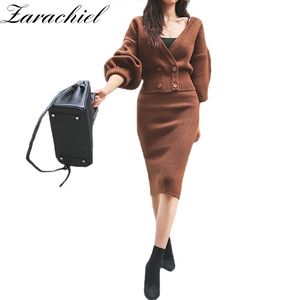 Zimowe kobiety z dzianiny z dzianiny 2 sztuki Sets Deep V Neck Swetry Płaszcz + Slim Pakiet Hip Spódnica i Crop Set Suit 210416