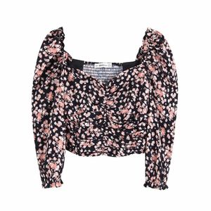 Vintage Chic Women Floral Print Ruched Elastic Short Blouse Elegant Sexy Ladies Square Collar Shirt Tops Casual Blusas Mujer 210520