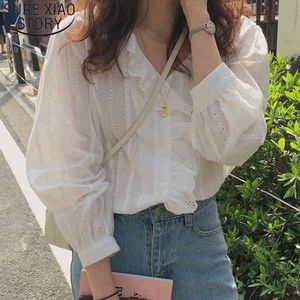 Höst Cotton Puff Plus Solty Shirts Casual Loose Cardigan Women Blouse Long Sleeve V Neck White Tops 8561 210415