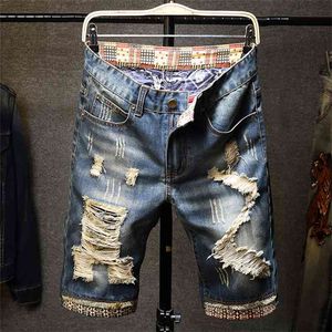Summer Men's Ripped Short Jeans Streetwear Big Hole Fashion Vintage Blue Slim Denim Shorts Brand Clothes 210629
