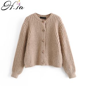 H.SA Female and Cardigans Button Up Khaki Knit Long Sleeve Oversized Sweater Coat Knitted Jacket Korean Tops 210417