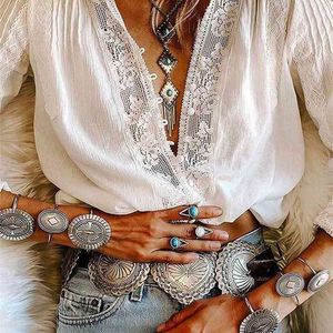 AYUALIN manica lunga pizzo floreale bianco con scollo a V camicette camicia di cotone camicetta autunnale casual di alta qualità donna boho abbigliamento blusas 210719
