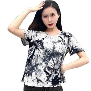 純粋な綿のネクタイ染めの古いVネックTシャツの女性韓国のファッションの上の夏の婦人服210520