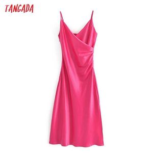 Tangadaの女性のピンクのサテンのMidiのドレスノースリースの背中のない夏のファッション女性のドレスローブQN134 210609