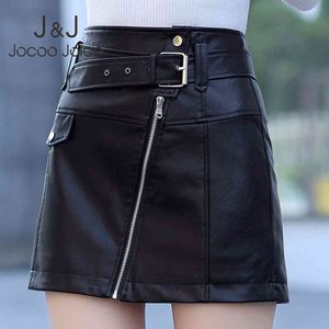 Jocoo Jolee Women Fashion High Waist Black PU Leather Skirts Office Lady Slim Mini Skirt Casual Faux Leather Mini A-line Skirts 210518