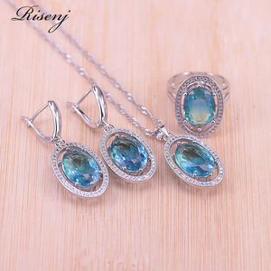 Risenj Magic Sky Blue Stone Silver Color Costume Jewelry Set For Women Big Oval Bridal Jewelry Set Earrings Ring Necklace Set H1022