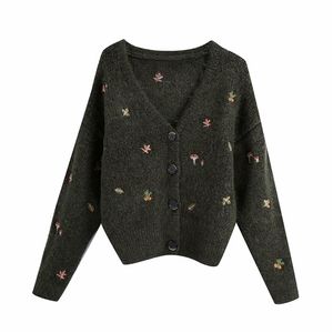 Evfer Autumn Cute Ladies Sweet Forest Embroidery Green Knitted Cardigan Tops Women Casual Long Sleeve Single Breasted Za Sweater 210914