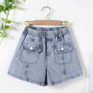 Koreanska jeans shorts flicka baby ren färg denim kläder sommar tonåring tunn jean byxa pocket design mode barn 4 8 12 år 210622