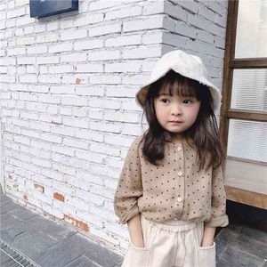 패션 여자 코튼 2 색 캐주얼 셔츠 의류 210331에 대 한 한국어 스타일 귀여운 도트 사이드 브레스트 셔츠