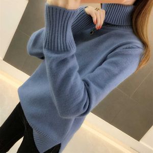 and winter 2021 new Korean version loose Pullover over over-heated thick solid color long sleeve knitted bottom sweater X0721