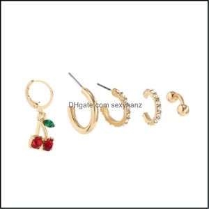 Stud Earrings Jewelry Retro Red Crystal Cherry Circle C-Shaped Diamond Beaded Ear Drop Women Geometric Alloy Business Style Earring Sets Del
