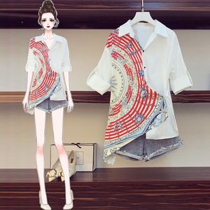 Plus Size Moda 2 Piece Mulheres Patchwork Imprimir Chiffon Shirt Top + Jean Suits Summer Blusas Casuais Denim Shorts Set 210416