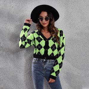 Kvinnors Knits Tees Green-Black Rhombic Check Diamond Knit Cardigan Short Sweater Kvinnors Loose Wear