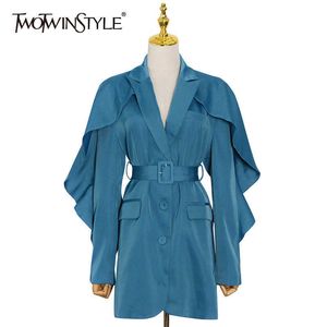 Twotyle Blue Blazers dla kobiet Notched Ruffled Rękaw Ruched High Waist Sashes Eleganckie płaszcze Kobiet Wiosenne Odzież 210930