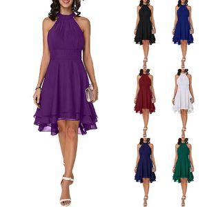 vestido casual feminino moda verão cor pura pendurado pescoço mangas dupla camada chiffon vestidos mid-cintura retalhos sexy back split saia irregular