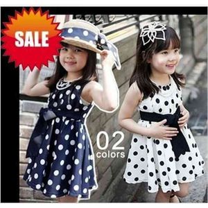 wholesale price dot bow sleeveless summer baby girl princess dresses 3~8age navy/white children clothing 210615