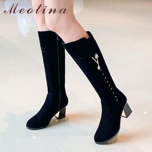 Autumn Knee High Boots Women Crystal Thick Heels Long Zipper Round Toe Shoes Lady Winter Black Big Size 33-43 210517