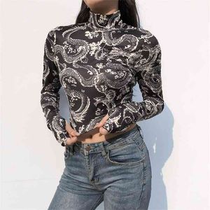 Goth Dragon Impressão Y2K Femme Turtleneck Mulheres camisetas Roupas GroThic Aesthetic Colheita Top Harajuku Skinny Manga Longa Tee 210720