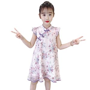 Kız Elbise Çiçek Desenli Çocuklar Parti ES Yaz Çocuklar için Çin tarzı Kostüm 6 8 10 12 14 210528