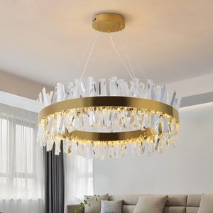 Enthaltene LED-Streifen-Kronleuchter, postmoderne goldene runde Pendelleuchte für den Innenbereich mit hochwertigem Kristall im Esszimmer im Wohnzimmer