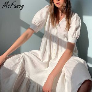 Msfancy Summer Linen V-neck Long Dress Women Short Puff Sleeve Plus Size White Robe Femme High Waist Cake Vestido 210604
