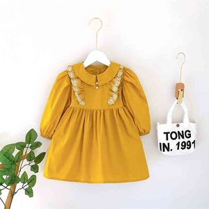 Queda crianças vestidos para meninas flor laço bordado manga comprida princesa vestido bonito coreano criança criança traje vestidos 210715