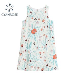 Mulheres sem mangas vestido de colete de verão Vestimento de verão Elegante Coreano Chic Impressão Mini Causal Doce Vestidos Prompes Mujer 210515