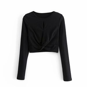 Wiosenne Kobiety O Neck Hollow Out Knot Czarny Dzianiny Krótka Koszulka Casual Kobiet Z Długim Rękawem Crop Tops T1399 210430