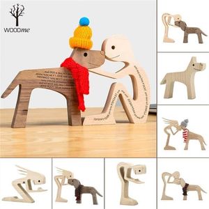 Drewniany pies DIY Rzeźba Boże Narodzenie Dekoracja Home Decor Crafts Figurki Miniaturowe Ornament Niestandardowy mężczyzna i 211108