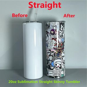 20 oz Süblimasyon Düz Sıska Tumbler Boş 304 Paslanmaz Çelik Kahve Kupa Yalıtımlı Şarap Tumblers Ile Plastik Saman Çift Duvar DIY Seyahat Bardakları