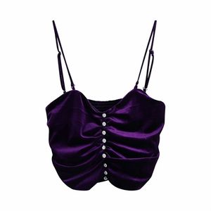 섹시한 여자 보라색 스파게티 스트랩 벨벳 짧은 탑스 봄 패션 숙 녀 주름 leated camisole 여성 다이아몬드 버튼 탑 210515