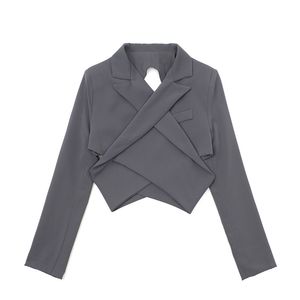 Mode sexig ihålig blazer för kvinnor höst spets upp långärmad designer oregelbunden slim crop jacka veste femme blazers 210417