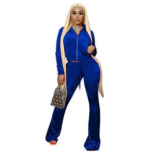 Designers Women Clothes 2023 fashion cashmere suit solid color exposed navel long sleeve flared pants sports two-piece set