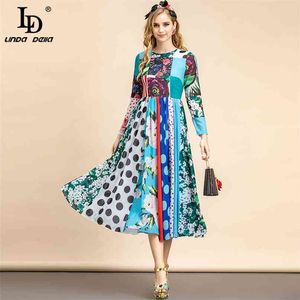 Verão Moda Runway Designer Elegante Vestido de Feriado Mulheres Manga Longa Polka Dot Floral Imprimir Vintage Midi 210522