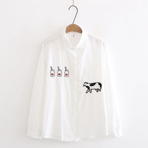 H.SA Коров бутылка вышитые женские блузка разворотный воротник рубашки Верхняя полоса кнопка с длинным рукавом свободные женские работы блузки 210417