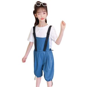 Teenage Girls Clothes Patchwork Outfits Tshirt + Jumpsuit Girl Outfit Summer Children's Costume 6 8 10 12 14 210528