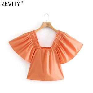 Zevity Women Off Shoulder Solid Color Short Smock Blouse French Femme Pleated Puff Sleeve Poplin Shirt Chic Crop Tops LS9196 210603