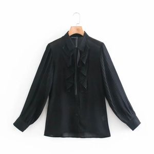 Summer Women Cascading Ruffle Black Chiffon Blouse Female Long Sleeve Shirt Casual Lady Loose Tops Blusas S8876 210430