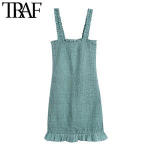 TRAF Donna Chic Moda Orlo arricciato Mini abito smock Vintage Backless Spalline larghe Abiti femminili Abiti Mujer 210415