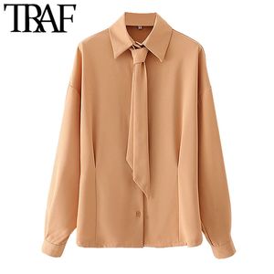 TRAF Women Fashion With Necktie Fitted Blouses Vintage Long Sleeve Button-up Female Shirts Blusas Chic Tops 210415