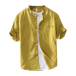 Camisas casuais de linho de algodão para homens básicos clássicos masculinos masculinos de manga curta carrinho tops Sólido amarelo único bolso vintage roupas 210601