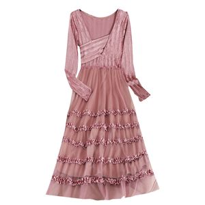 Black Pink Long Sleeve Autumn Velvet Mesh Mid-calf Midi Dress Ruffle D1462 210514