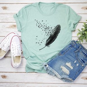 T-shirt femmes oiseau plume impression graphique t-shirt dessin animé haut femme vêtements printemps été Streetwear esthétique Kawaii chemise adolescents X0628